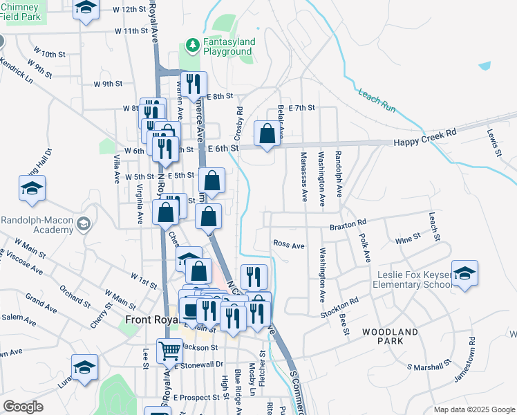 map of restaurants, bars, coffee shops, grocery stores, and more near 298 Cook Lane in Front Royal