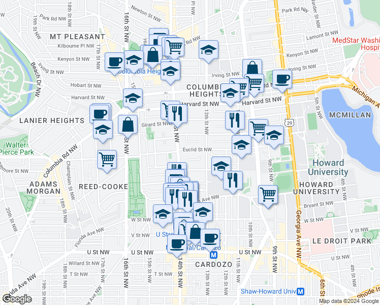 map of restaurants, bars, coffee shops, grocery stores, and more near 1348 Euclid Street Northwest in Washington