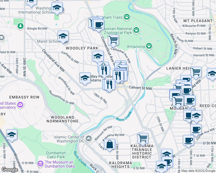 map of restaurants, bars, coffee shops, grocery stores, and more near 2501 Calvert Street Northwest in Washington