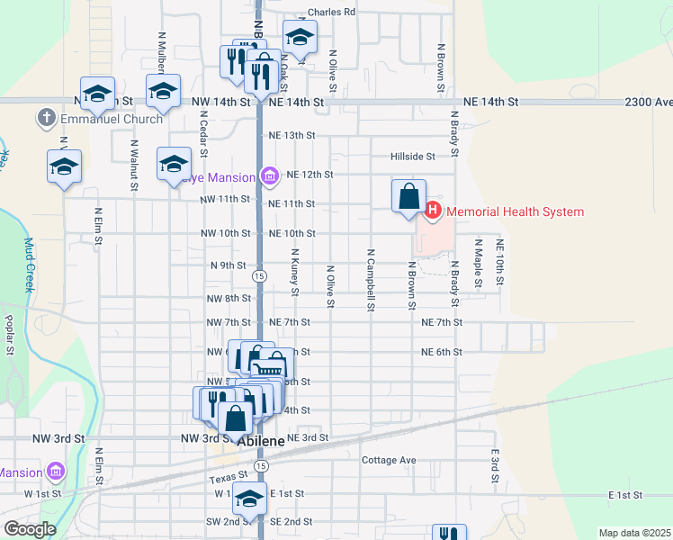 map of restaurants, bars, coffee shops, grocery stores, and more near 813 North Olive Street in Abilene