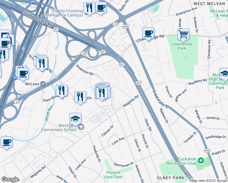 map of restaurants, bars, coffee shops, grocery stores, and more near 1687 Westwind Way in McLean