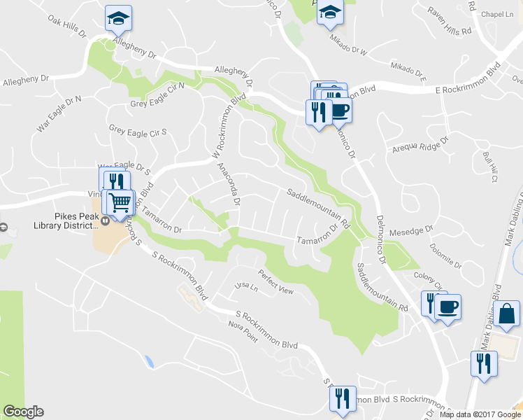 map of restaurants, bars, coffee shops, grocery stores, and more near 6355 Monarch Cir in Colorado Springs