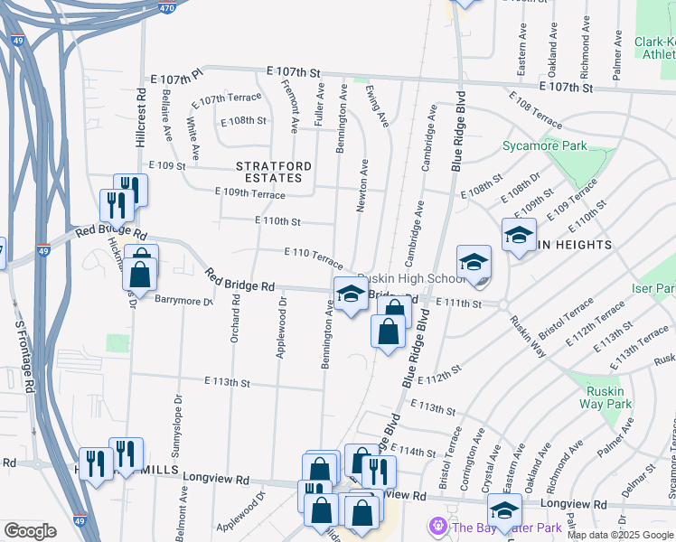 map of restaurants, bars, coffee shops, grocery stores, and more near 6601 East 110 Terrace in Kansas City