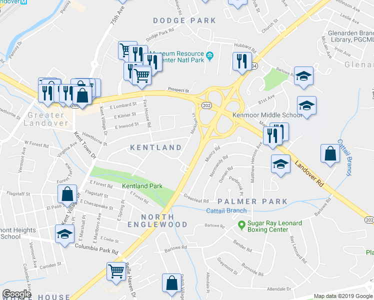map of restaurants, bars, coffee shops, grocery stores, and more near 2531 Markham Lane in Greater Landover