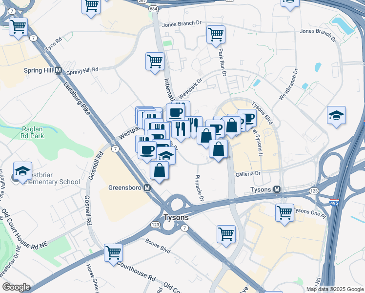map of restaurants, bars, coffee shops, grocery stores, and more near 8270 Greensboro Drive in McLean