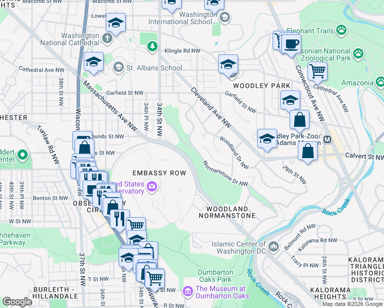map of restaurants, bars, coffee shops, grocery stores, and more near 3297 Massachusetts Avenue Northwest in Washington