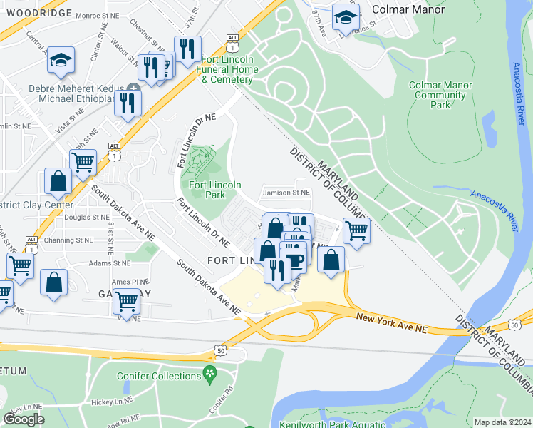 map of restaurants, bars, coffee shops, grocery stores, and more near 3639 Commodore Joshua Barney Drive Northeast in Washington