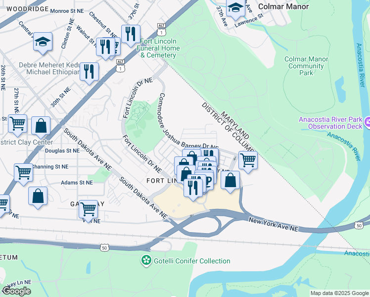 map of restaurants, bars, coffee shops, grocery stores, and more near 3639 Commodore Joshua Barney Drive Northeast in Washington