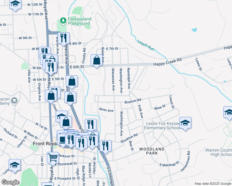 map of restaurants, bars, coffee shops, grocery stores, and more near 407 Manassas Avenue in Front Royal