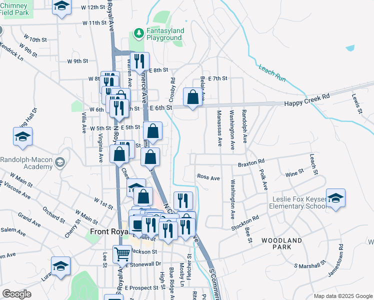 map of restaurants, bars, coffee shops, grocery stores, and more near 298 Cook Lane in Front Royal