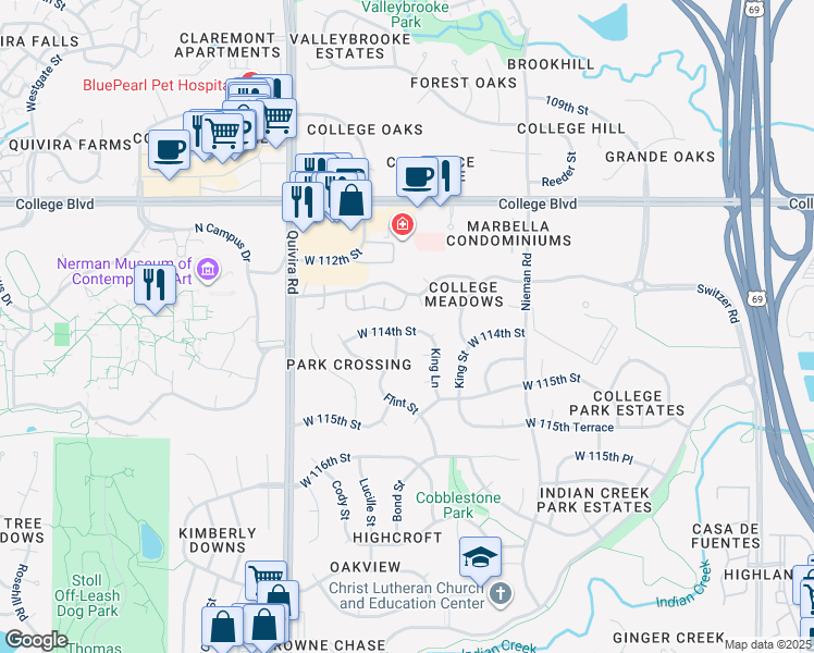 map of restaurants, bars, coffee shops, grocery stores, and more near 11364 W 114th St in Overland Park