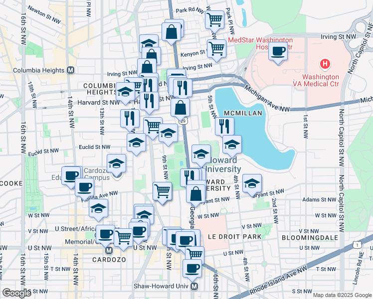 map of restaurants, bars, coffee shops, grocery stores, and more near 2565 Georgia Avenue Northwest in Washington