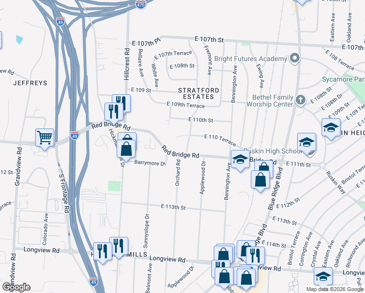 map of restaurants, bars, coffee shops, grocery stores, and more near 11024 Beacon Avenue in Kansas City