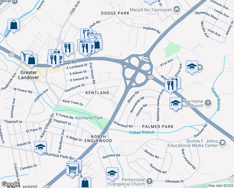 map of restaurants, bars, coffee shops, grocery stores, and more near 2531 Markham Lane in Greater Landover