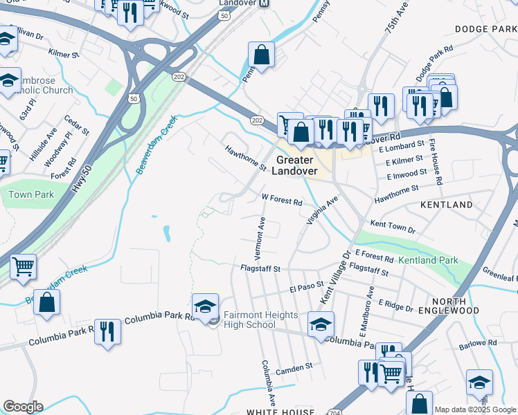 map of restaurants, bars, coffee shops, grocery stores, and more near 6705 West Forest Road in Greater Landover