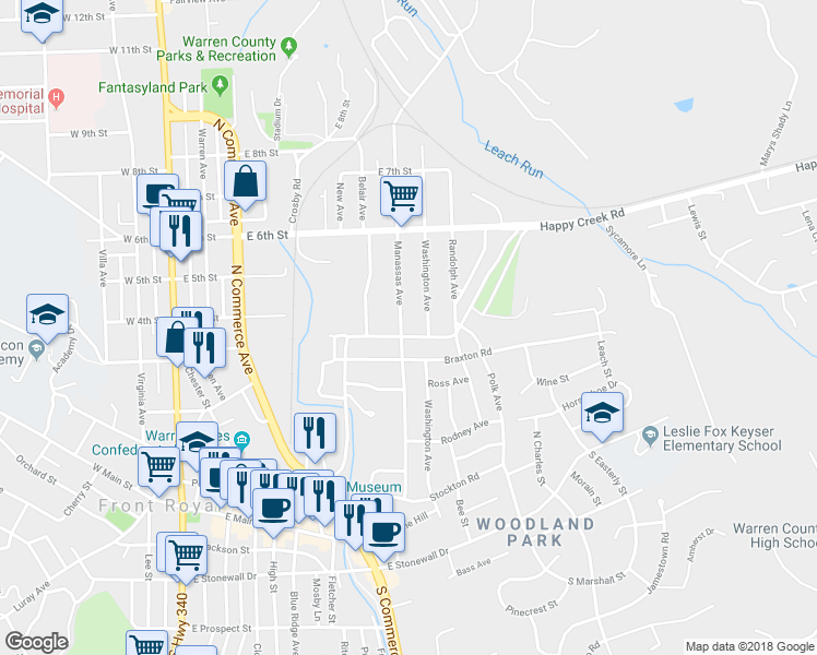 map of restaurants, bars, coffee shops, grocery stores, and more near 407 Manassas Avenue in Front Royal