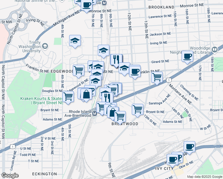 map of restaurants, bars, coffee shops, grocery stores, and more near 2605 Reed Street Northeast in Washington