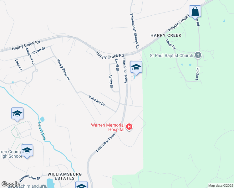 map of restaurants, bars, coffee shops, grocery stores, and more near 1131 Ewell Street in Front Royal