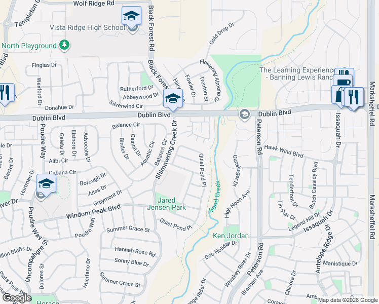 map of restaurants, bars, coffee shops, grocery stores, and more near 7378 Quiet Pond Place in Colorado Springs
