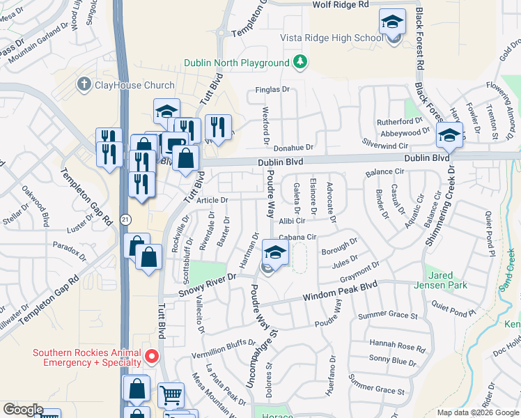 map of restaurants, bars, coffee shops, grocery stores, and more near 6282 Poudre Way in Colorado Springs