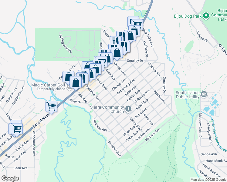 map of restaurants, bars, coffee shops, grocery stores, and more near in South Lake Tahoe
