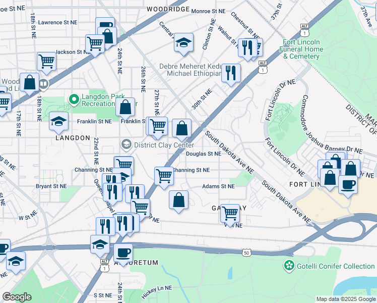 map of restaurants, bars, coffee shops, grocery stores, and more near 101 Independence Avenue Southeast in Washington