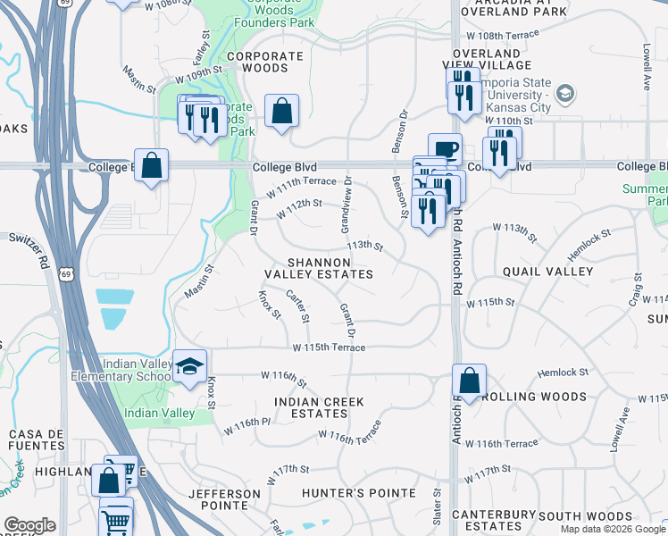 map of restaurants, bars, coffee shops, grocery stores, and more near 9115 113th Street in Overland Park