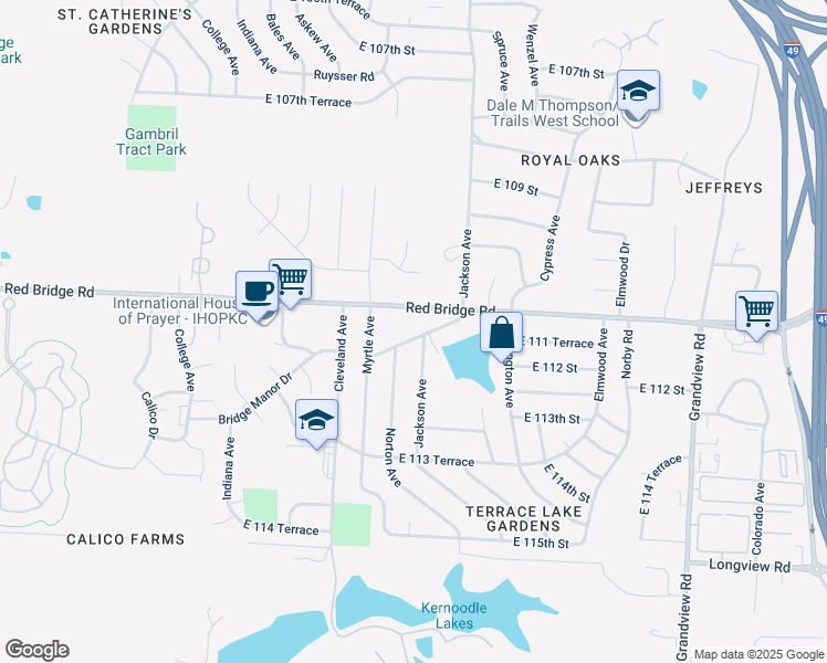 map of restaurants, bars, coffee shops, grocery stores, and more near 4106 East 112 Street in Kansas City