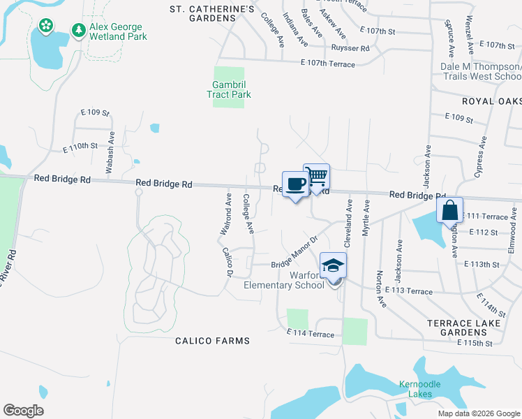 map of restaurants, bars, coffee shops, grocery stores, and more near 3311 East Red Bridge Road in Kansas City