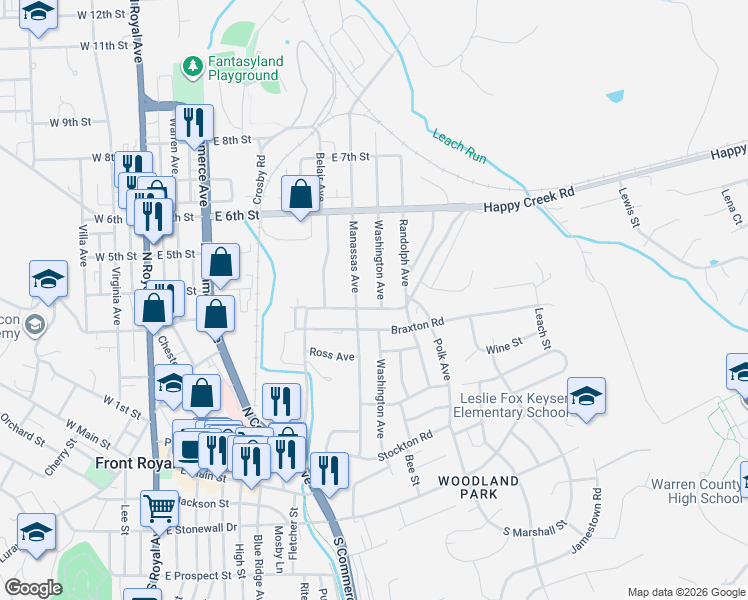 map of restaurants, bars, coffee shops, grocery stores, and more near 407 Manassas Avenue in Front Royal