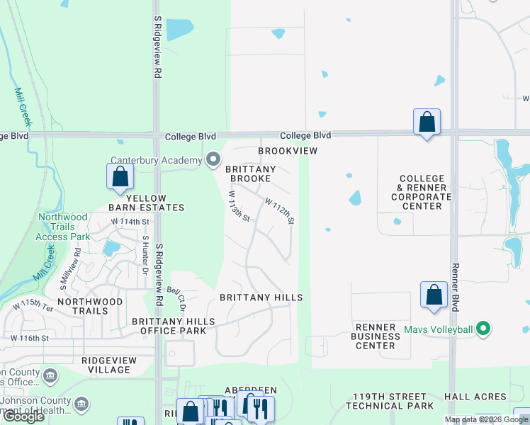 map of restaurants, bars, coffee shops, grocery stores, and more near 11245 South Penrose Street in Olathe