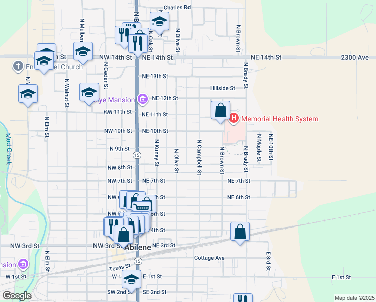 map of restaurants, bars, coffee shops, grocery stores, and more near 316 Northeast 9th Street in Abilene
