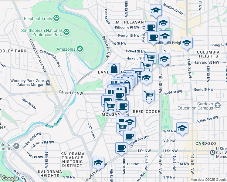 map of restaurants, bars, coffee shops, grocery stores, and more near 1827 Adams Mill Road Northwest in Washington