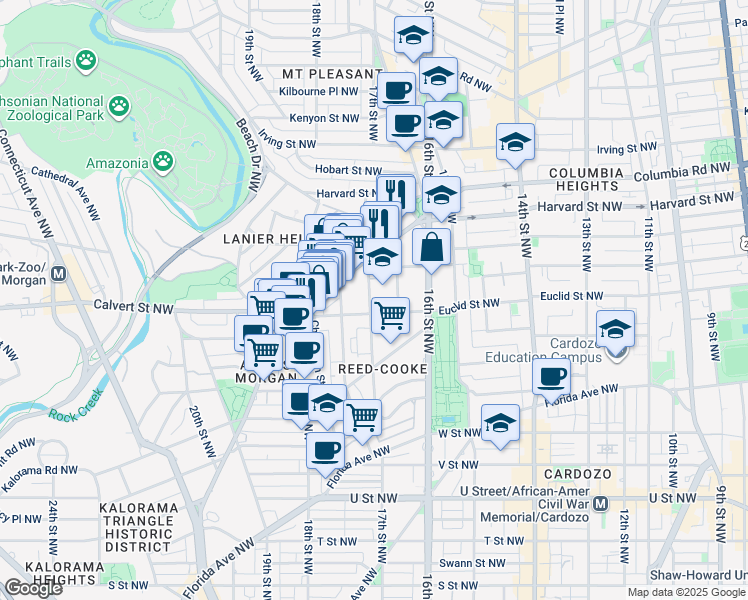 map of restaurants, bars, coffee shops, grocery stores, and more near 2515 17th Street Northwest in Washington