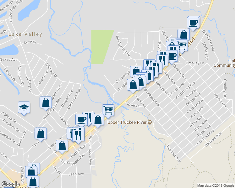 map of restaurants, bars, coffee shops, grocery stores, and more near 2432 Ponderosa Street in South Lake Tahoe