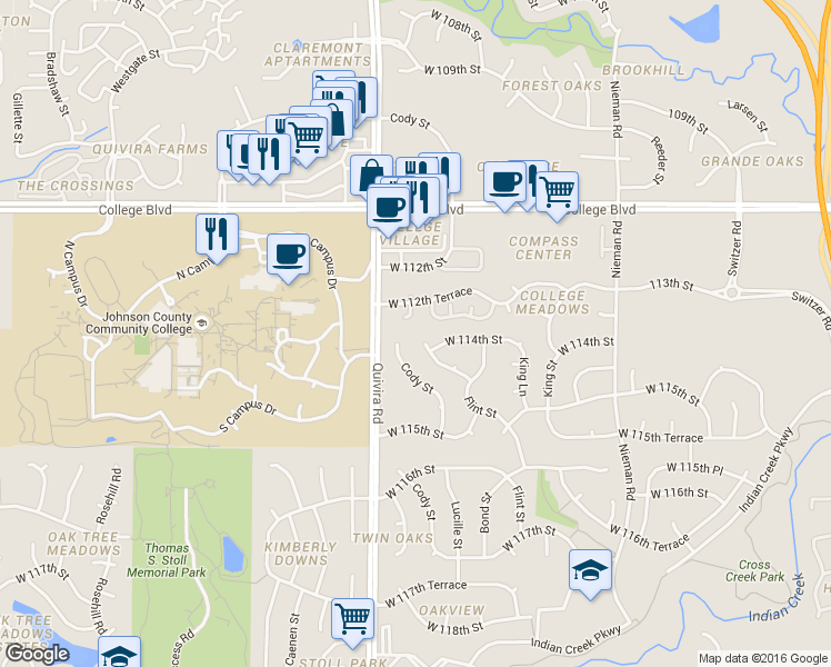 map of restaurants, bars, coffee shops, grocery stores, and more near 11453 West 114th Terrace in Overland Park