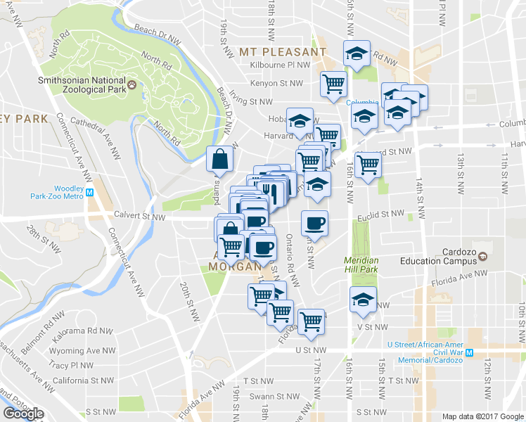 map of restaurants, bars, coffee shops, grocery stores, and more near 1767 Columbia Road Northwest in Washington