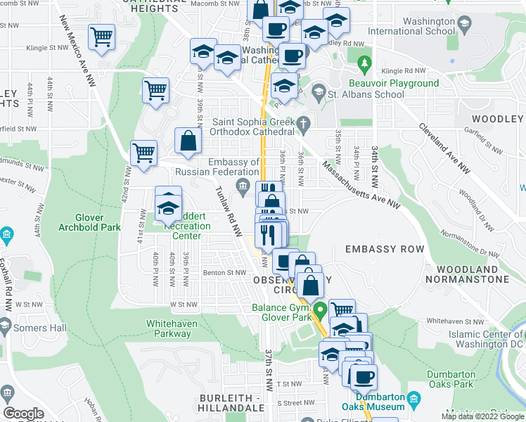 map of restaurants, bars, coffee shops, grocery stores, and more near Wisconsin Ave NW & Davis St NW in Washington