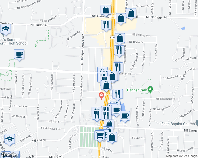 map of restaurants, bars, coffee shops, grocery stores, and more near 610 Northeast Magellan Avenue in Lee's Summit