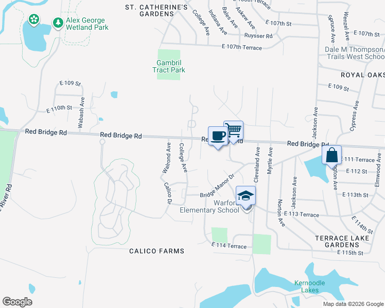 map of restaurants, bars, coffee shops, grocery stores, and more near 3321 East Red Bridge Road in Kansas City