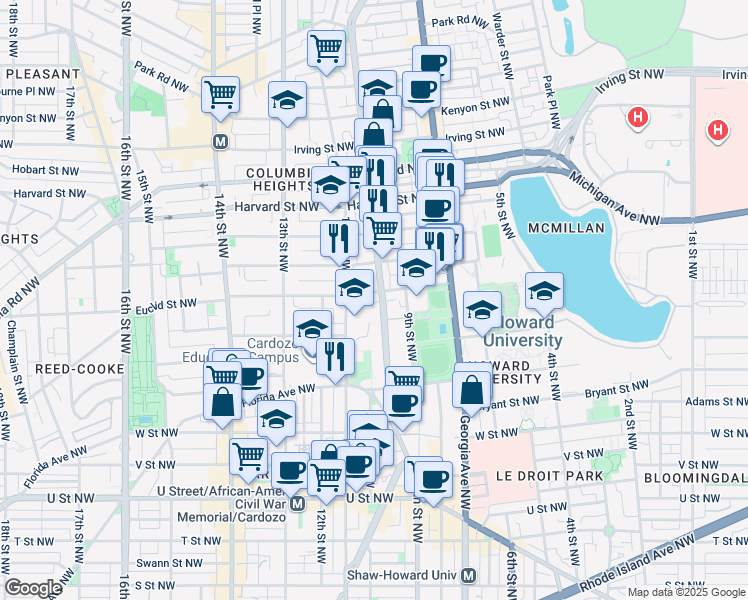 map of restaurants, bars, coffee shops, grocery stores, and more near 2576 Sherman Avenue Northwest in Washington