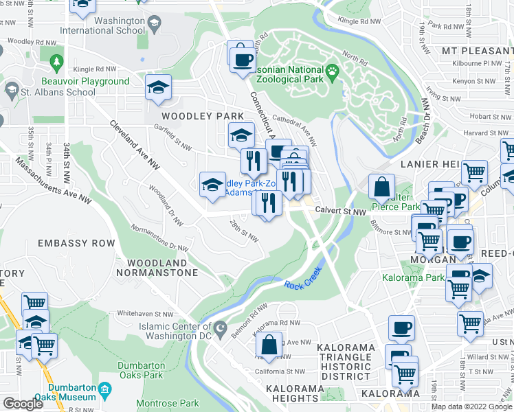map of restaurants, bars, coffee shops, grocery stores, and more near 2501 Calvert Street Northwest in Washington