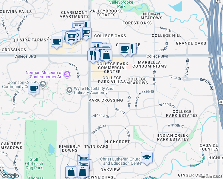 map of restaurants, bars, coffee shops, grocery stores, and more near 11420 West 114th Street in Overland Park