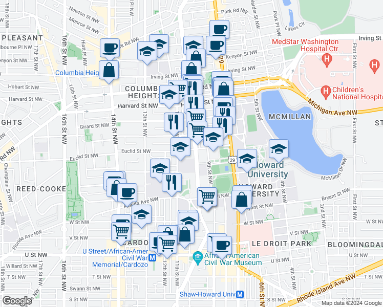 map of restaurants, bars, coffee shops, grocery stores, and more near 2576 Sherman Avenue Northwest in Washington