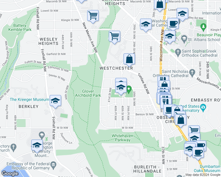 map of restaurants, bars, coffee shops, grocery stores, and more near Davis Pl NW & 41st St NW in Washington