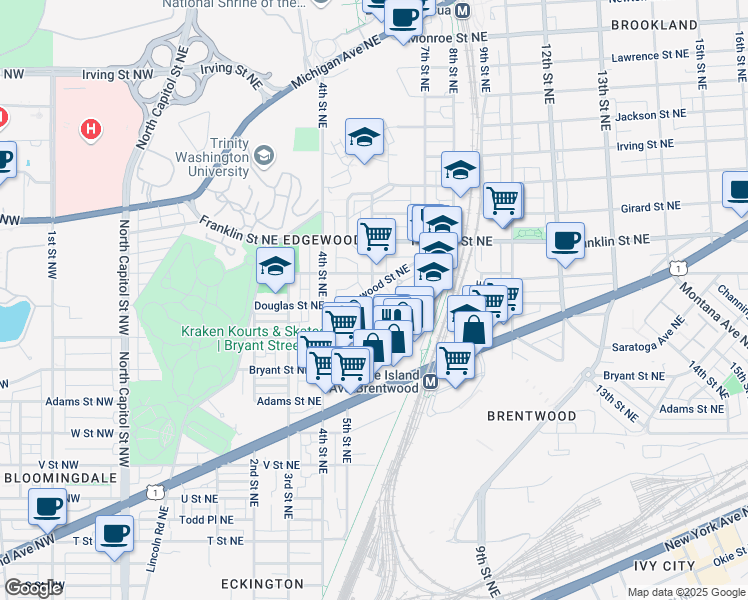 map of restaurants, bars, coffee shops, grocery stores, and more near 525 Edgewood Street Northeast in Washington