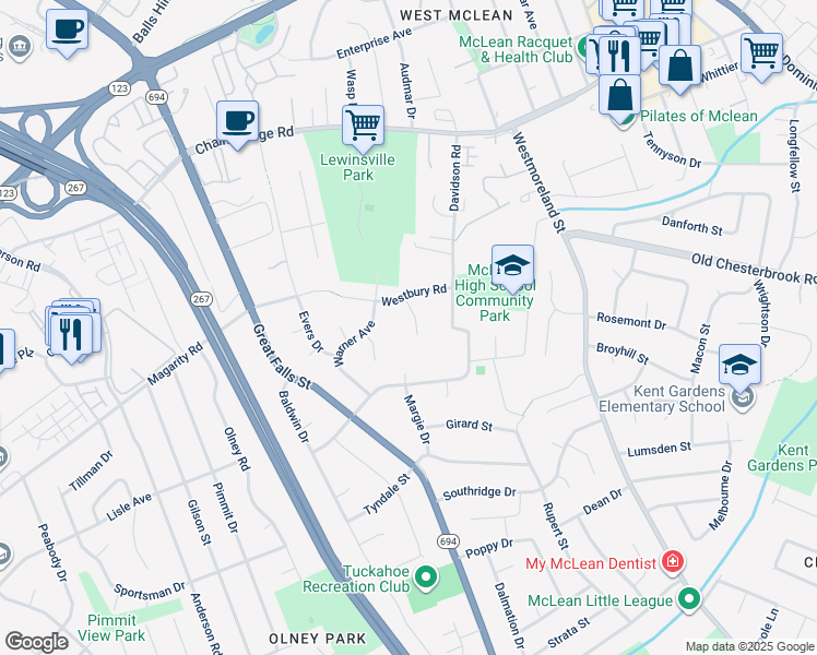 map of restaurants, bars, coffee shops, grocery stores, and more near 1634 Cecile Street in McLean