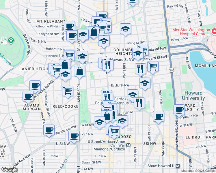 map of restaurants, bars, coffee shops, grocery stores, and more near Euclid Street Northwest in Washington