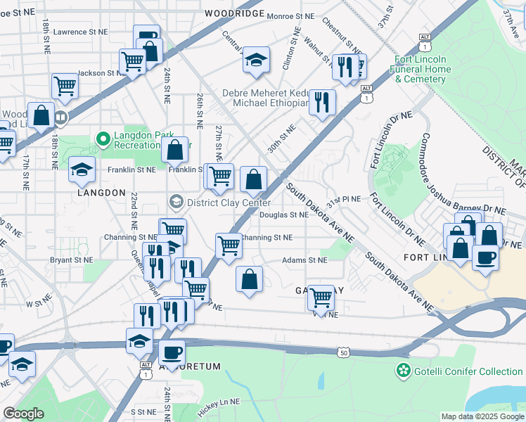 map of restaurants, bars, coffee shops, grocery stores, and more near 2601 30th Street Northeast in Washington