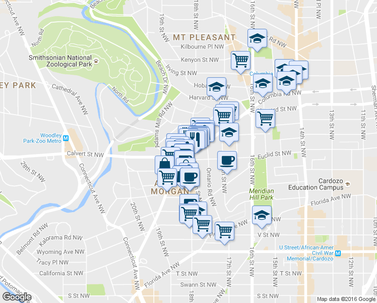 map of restaurants, bars, coffee shops, grocery stores, and more near 1769 Columbia Road Northwest in Washington